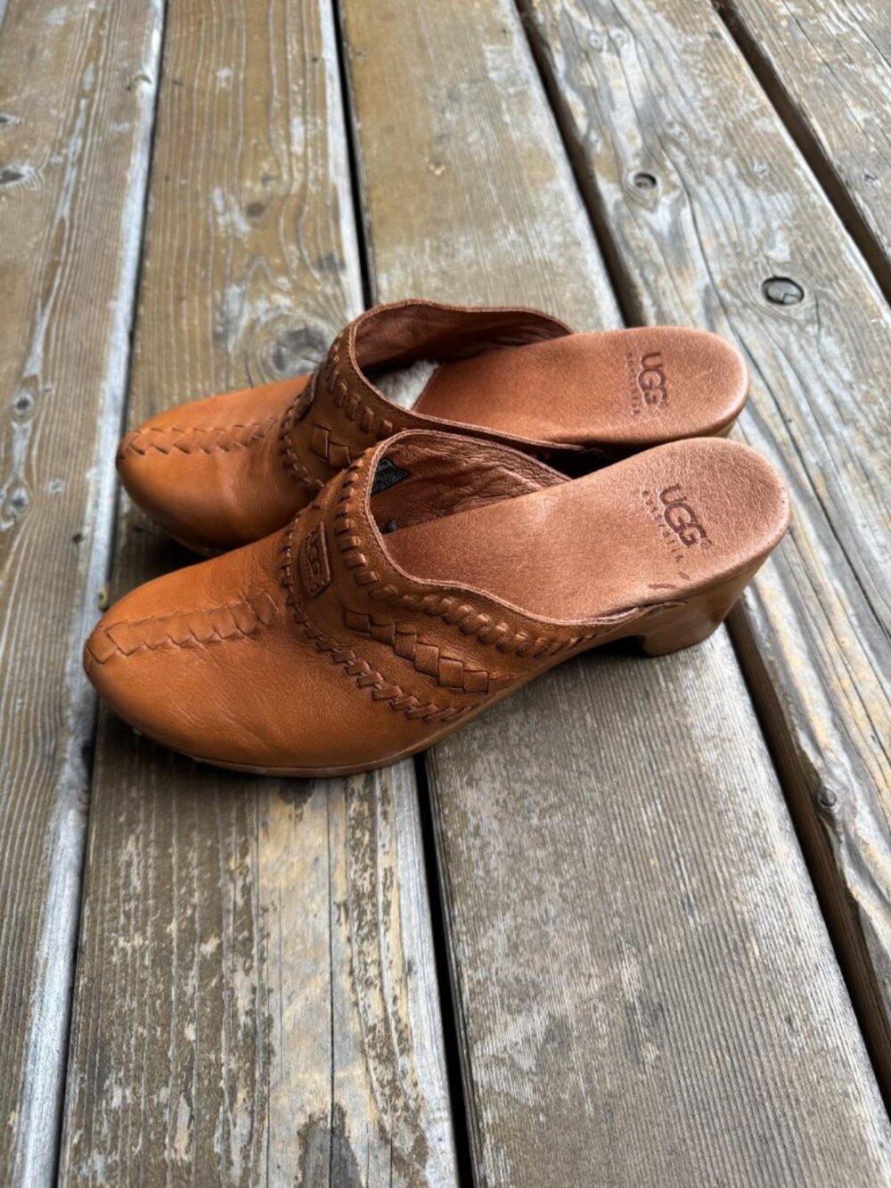 UGG Vivica Cognac Leather Sheepskin Lined Clog Wood Heel in Women's 9 / EU 40 - Picture 5 of 11